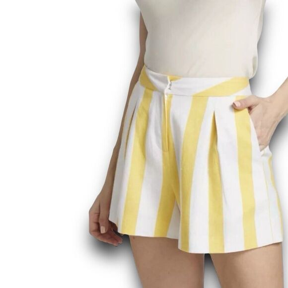 L'Agence Shorts WMNS 0 Yellow Striped Linen Blend Vittoria Pleated‎ Flat Front